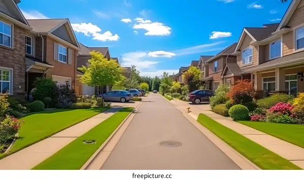 A wide suburban street with large houses on both sides
