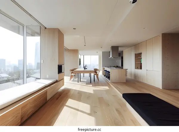 Modern Minimalist Apartment Interior Design with Wood and Large Windows