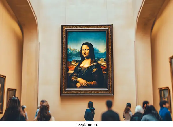 Mona Lisa Painting in Louvre Museum with People Visiting