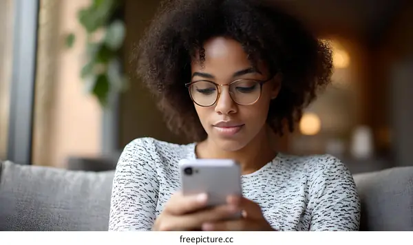 African American Woman Using Smartphone Indoor