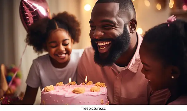 Happy African American family celebrating birthday with cake