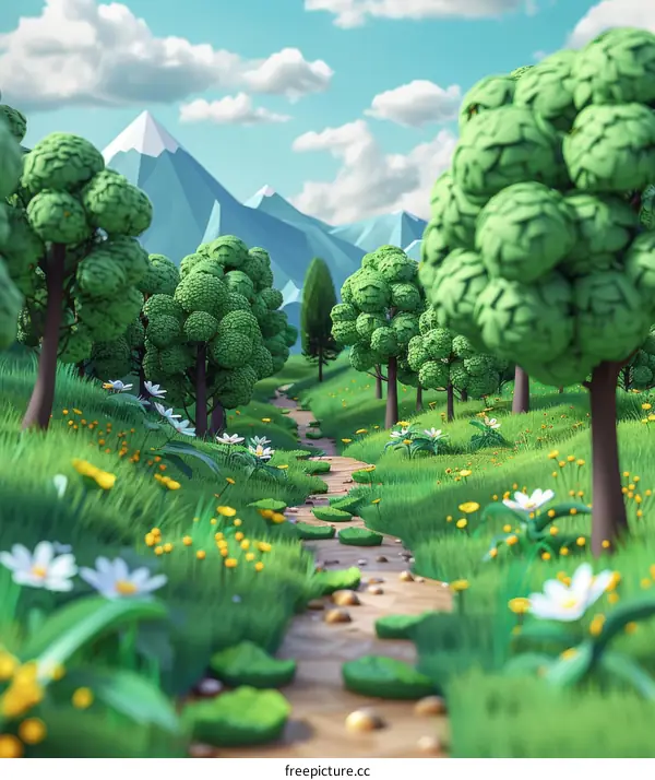 Low Poly Green Forest Pathway with Mountains and Sky Background