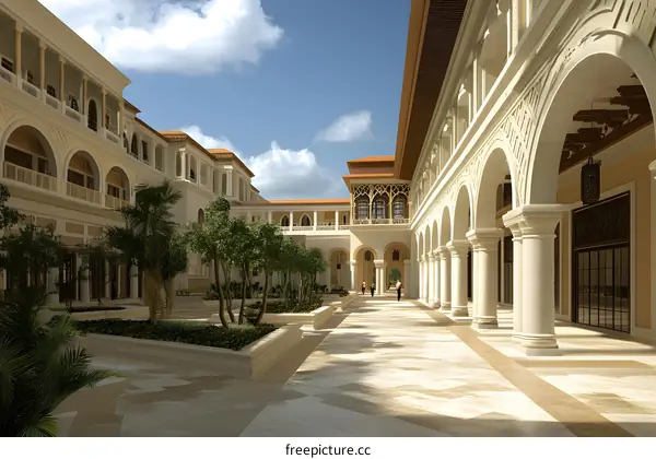 Luxury Courtyard With Arches and Columns in a Modern Building