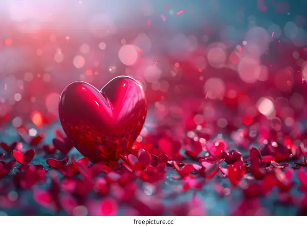 Red heart on a shiny surface with red heart-shaped confetti