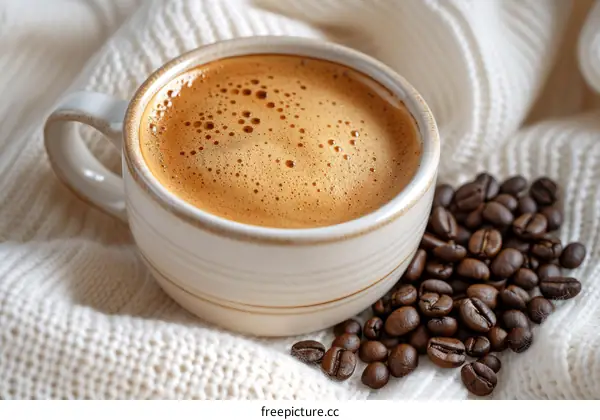 Cappuccino in a white cup and coffee beans on a white knitted sweater