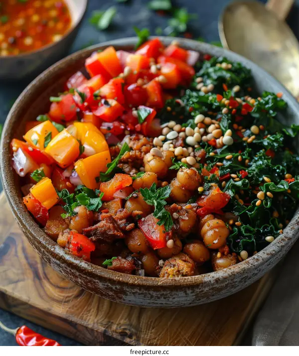 Hearty Vegan Bowl with Spiced Chickpeas, Roasted Red Peppers, Kale, and Tahini Dressing