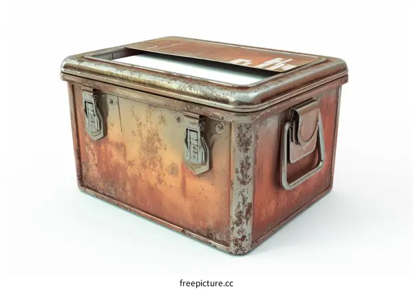 rusty metal box with white paper inside