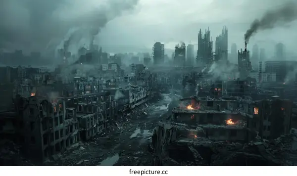 A City in Post-Apocalypse with Debris and Smoke