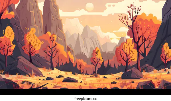 Autumn Landscape With Mountain And Trees Illustration