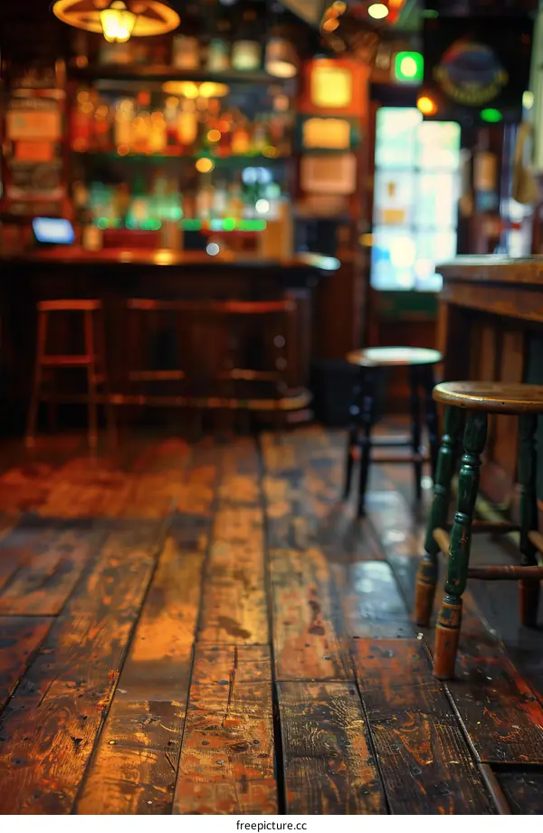 Wooden Floor Interior of a Pub with Chairs and Lights in Background Blur