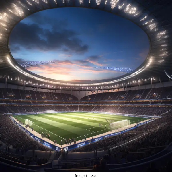 A crowd of spectators watch a game in a soccer stadium as the sun sets