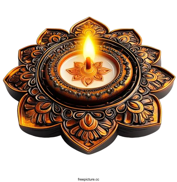 [Transparent Background PNG]Ornamental Diwali Diya with Candle