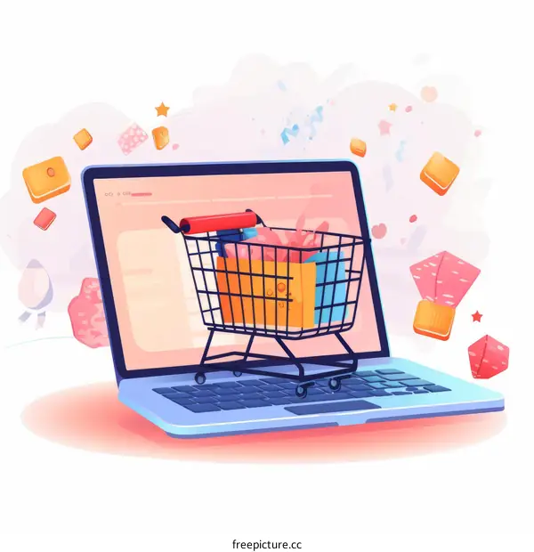 Online shopping concept with laptop and shopping cart
