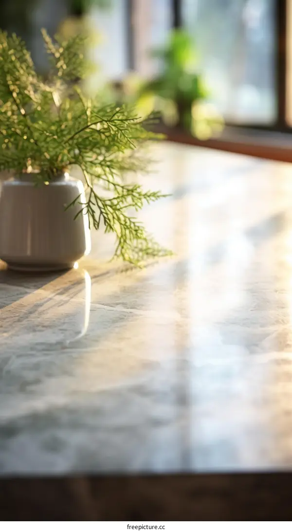 Close-up of a ceramic vase with green foliage on a marble table bathed in sunlight from a nearby window