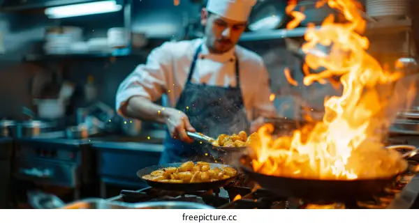 Chef Cooking Food in Restaurant Kitchen