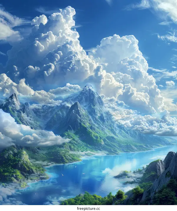 Fantastic Mountainous Landscape with Clouds