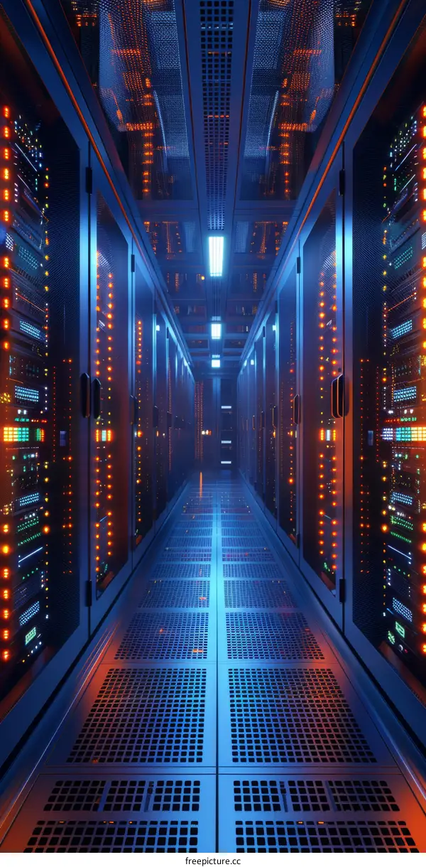 Server room with rows of server racks containing multiple server blades