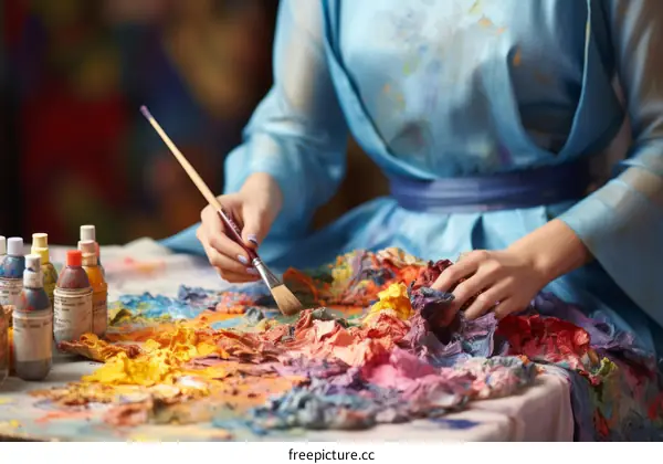 An artist mixing oil paint on a palette with a paintbrush