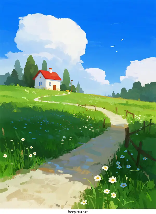 A Small Red Roof Cottage on Green Rolling Hills under Blue Sky