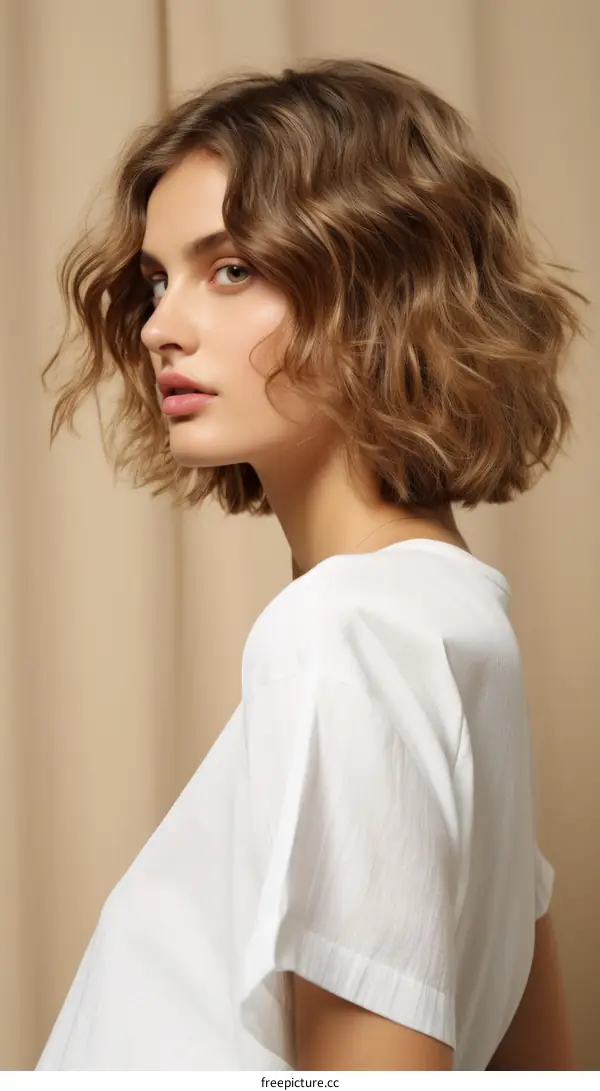 Portrait of a young woman with short brown hair and light makeup