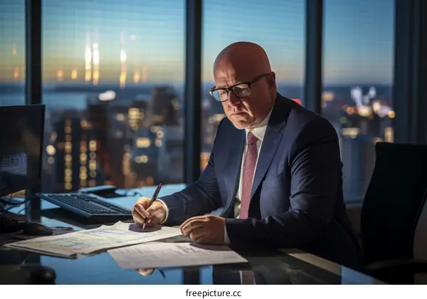 A bald man in a suit is working late in his office.