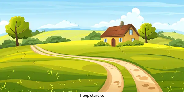 Green Countryside with Yellow House and Winding Path