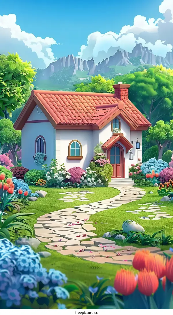 Small cottage house with flowers and garden