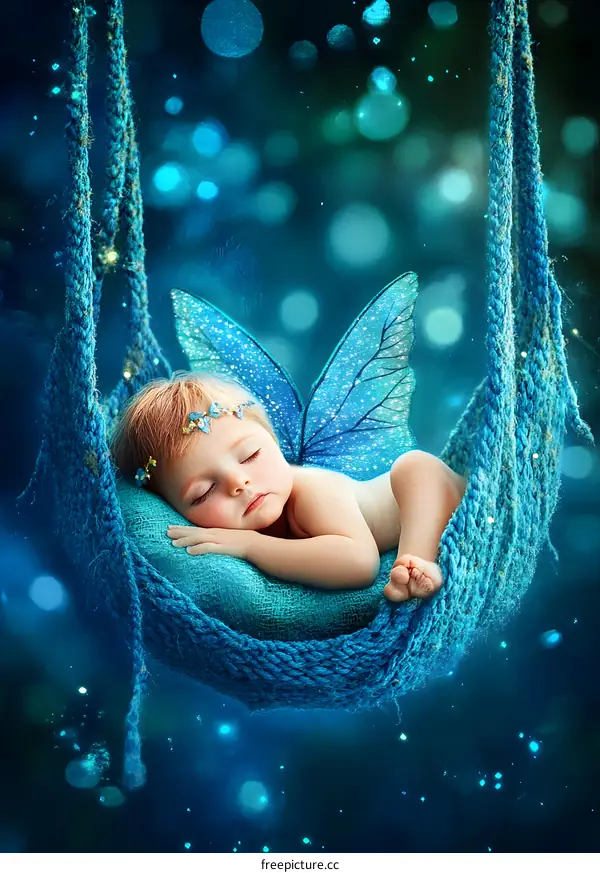 Sleeping Baby Fairy with Blue Wings in a Net Swing