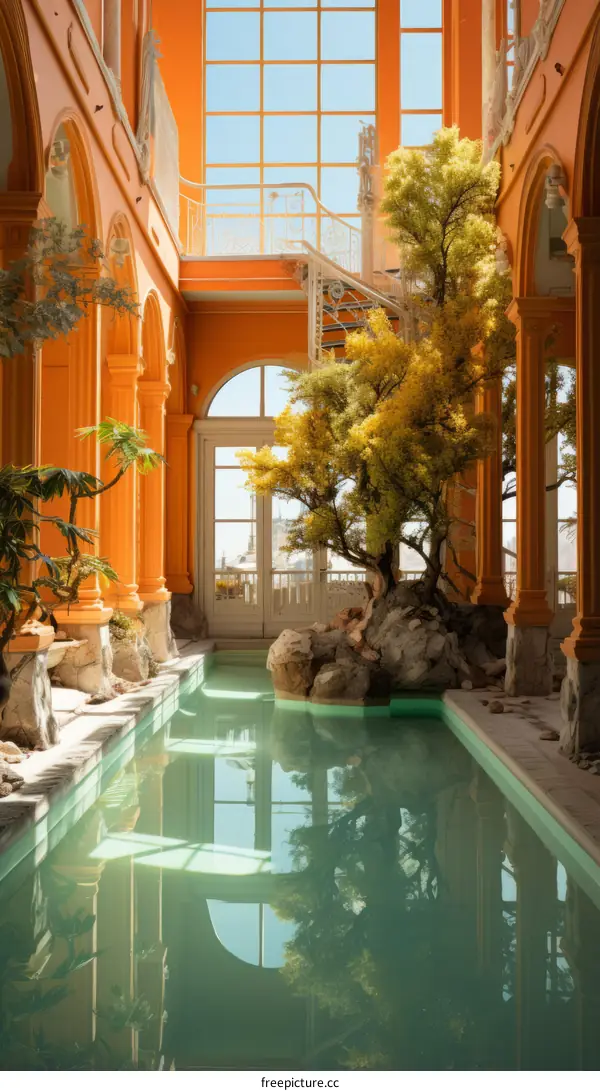 Orange atrium with pool and tree