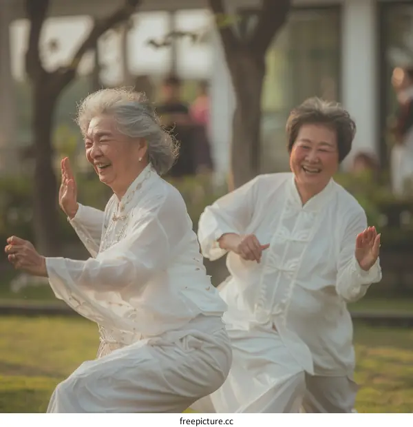 Two elderly Asian women are doing tai chi in the park
