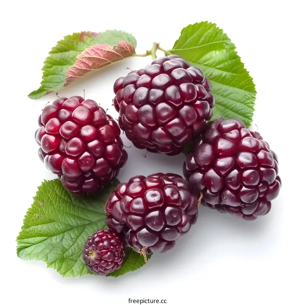 A cluster of ripe mulberries with green leaves
