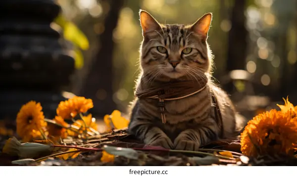 A ginger cat is lying on the ground with yellow flowers around it