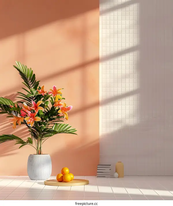 Minimalist Interior Design With Orange Flowers And Oranges On A Wooden Tray
