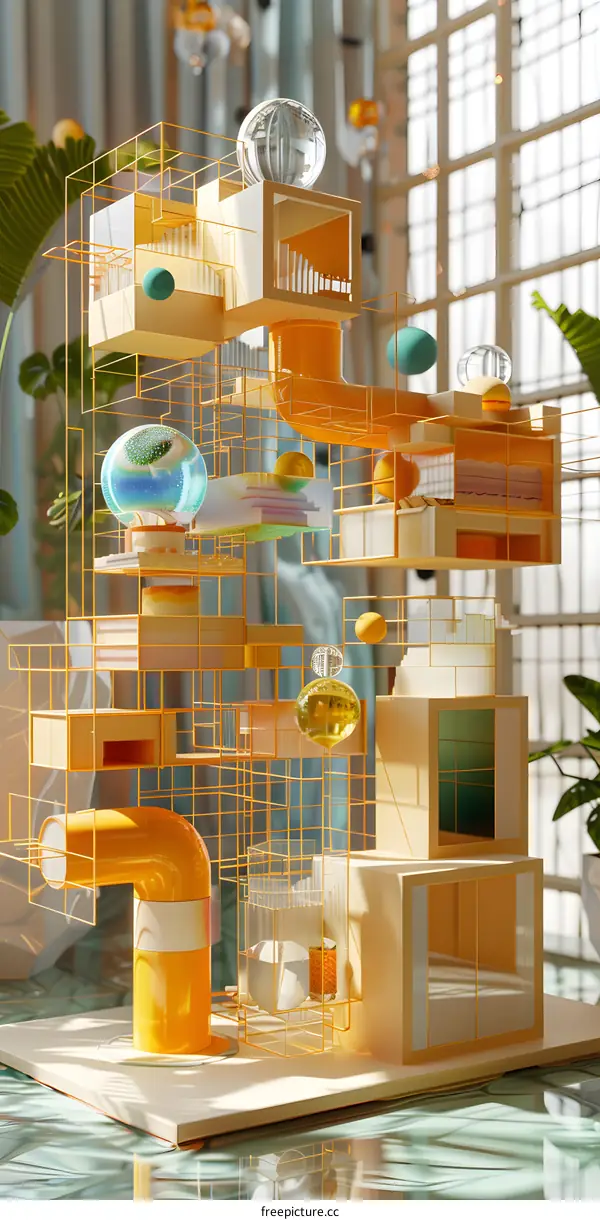 3D rendering of a geometric structure with spheres and cubes