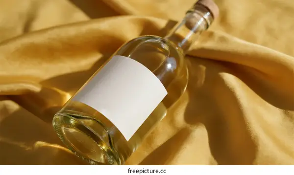 Clear glass bottle with white label on golden fabric background