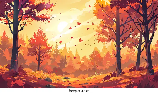 Autumn Forest Landscape Illustration with Falling Leaves
