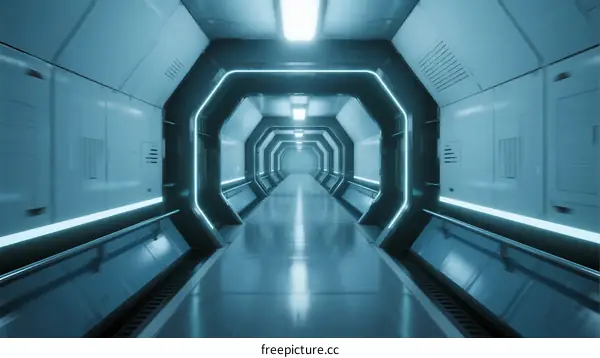 Futuristic Sci-Fi Corridor with Glowing Neon Lights and Smooth Surfaces