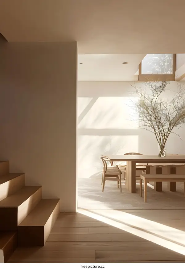 Minimalist Interior Design with Wooden Stairs and Dining Room