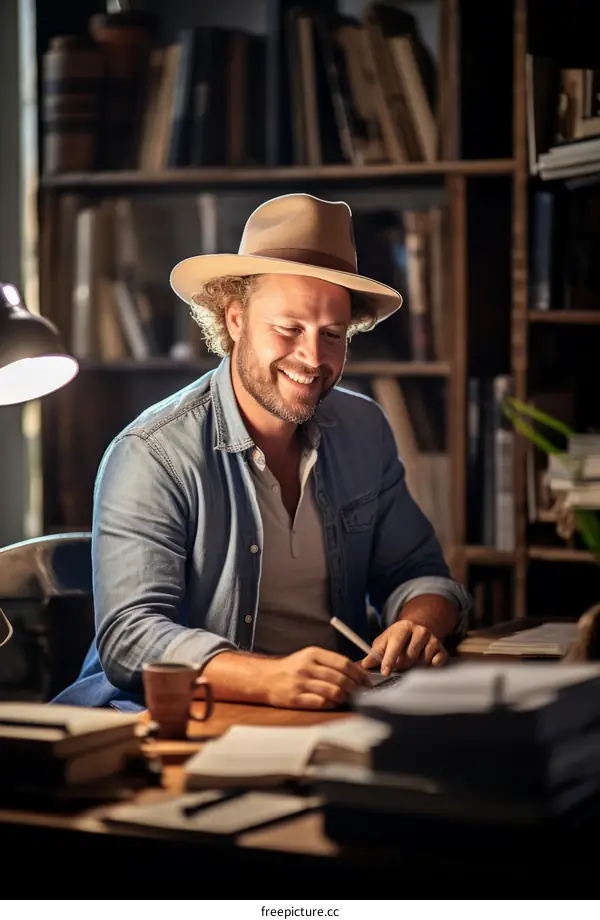 A man wearing a hat is writing something while sitting at a desk in a room full of books.