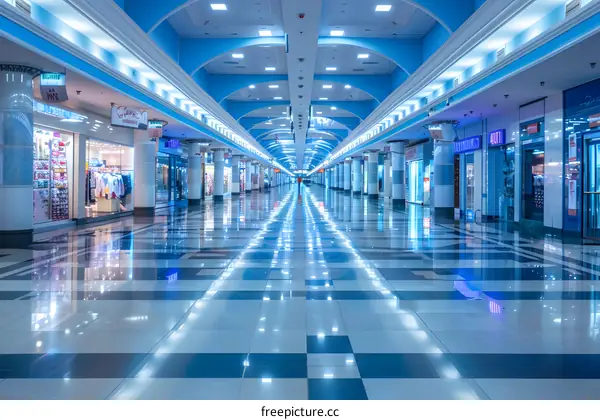Empty Shopping Mall Hallway with Shiny Floor