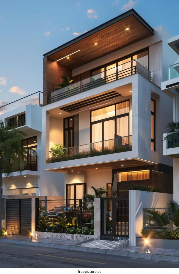 Modern Three Story Home at Dusk