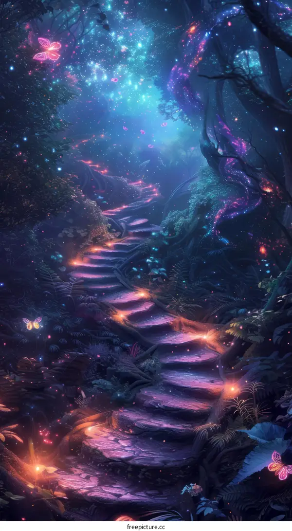Mystical Glowing Forest Path with Stairs