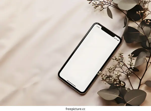 Blank Screen Smartphone with Eucalyptus Branch on Fabric Background
