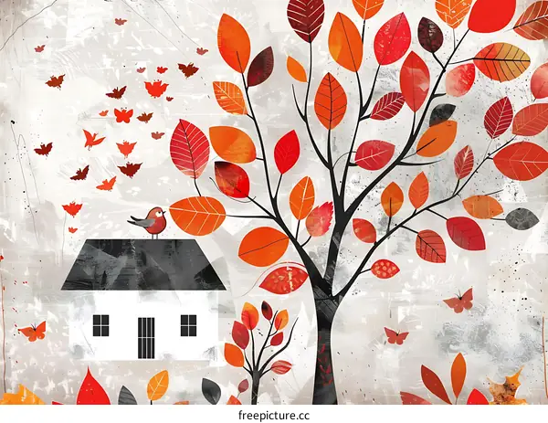 Autumn Leaves House Bird Illustration