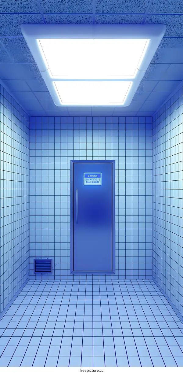Blue Tile Room with Single Door and Fluorescent Lights
