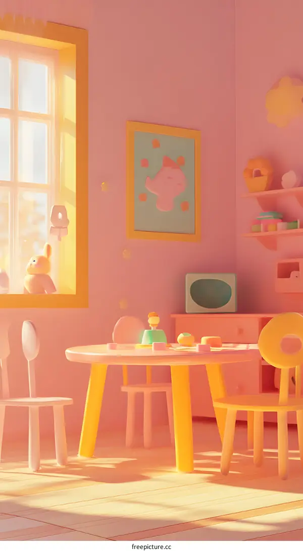 Cartoon Illustration of Pink and Yellow Playroom