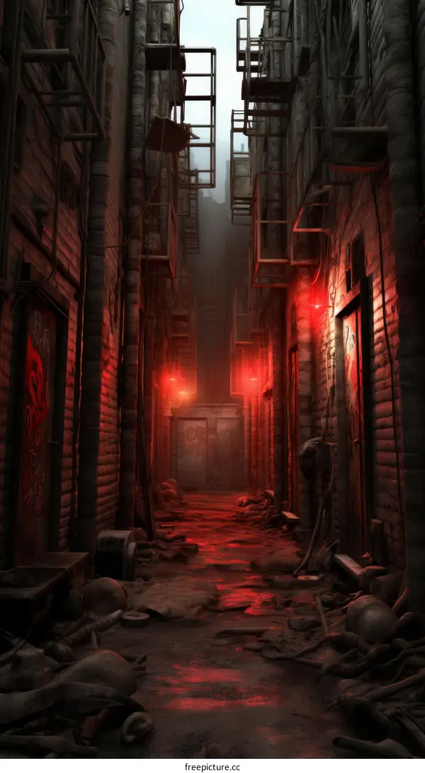 A dark and gloomy alleyway with red lights