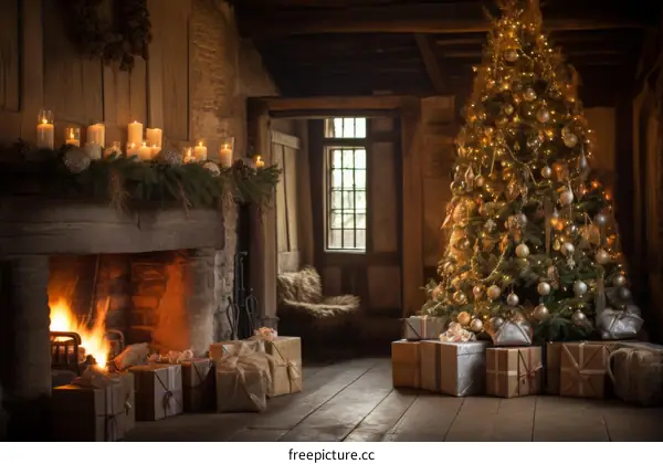 Cozy Christmas Living Room with Fireplace and Decorated Tree