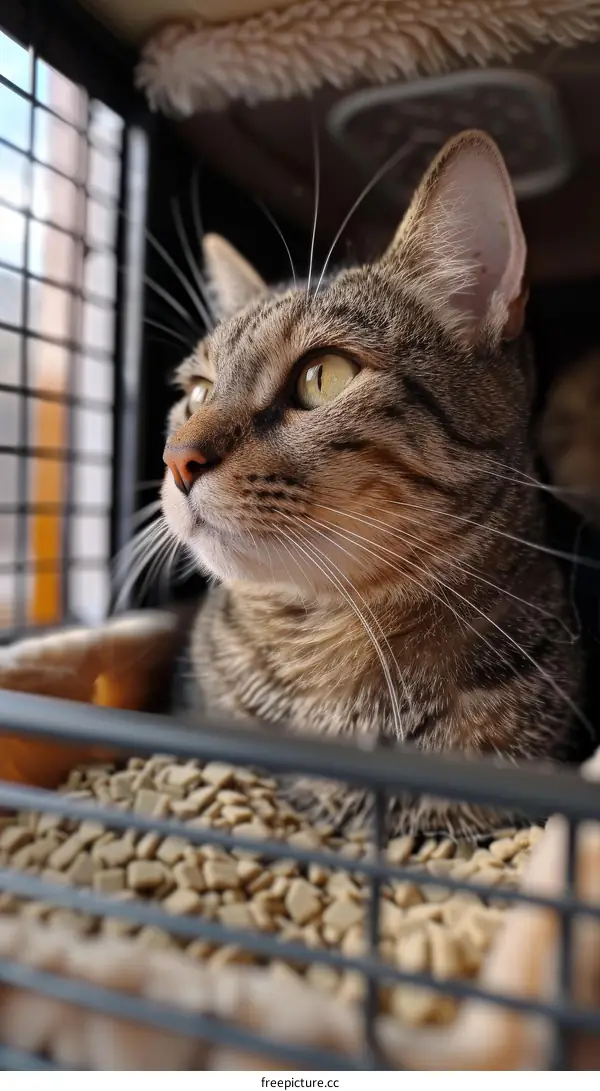 A ginger cat looking out of a cage