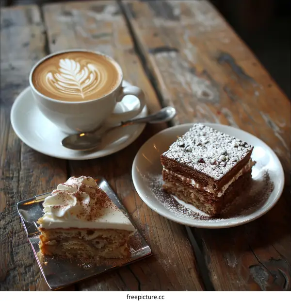A cup of coffee and a slice of cake on a wooden table